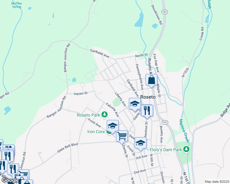 map of restaurants, bars, coffee shops, grocery stores, and more near 500 Liberty Avenue in Roseto