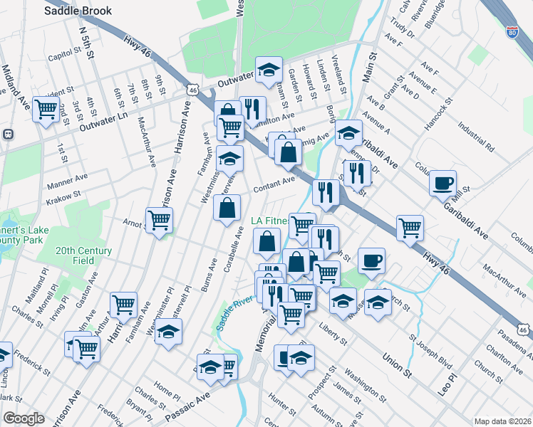 map of restaurants, bars, coffee shops, grocery stores, and more near 41 Oak Street in Lodi