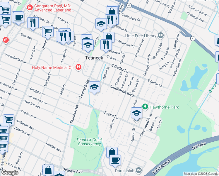 map of restaurants, bars, coffee shops, grocery stores, and more near 720 Stelton Street in Teaneck