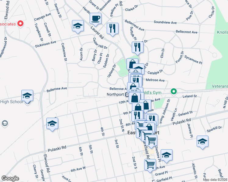 map of restaurants, bars, coffee shops, grocery stores, and more near 104 Bellerose Avenue in East Northport