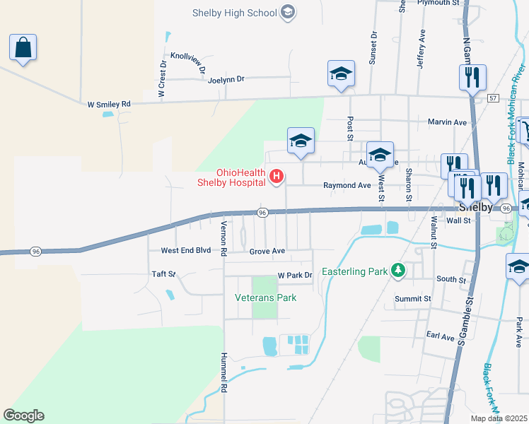 map of restaurants, bars, coffee shops, grocery stores, and more near West Main Street in Shelby