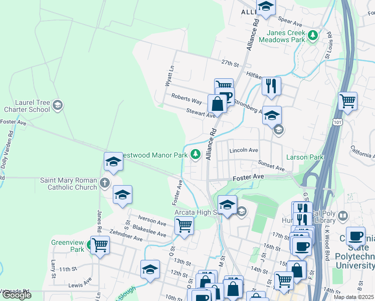 map of restaurants, bars, coffee shops, grocery stores, and more near 2237 Heather Lane in Arcata