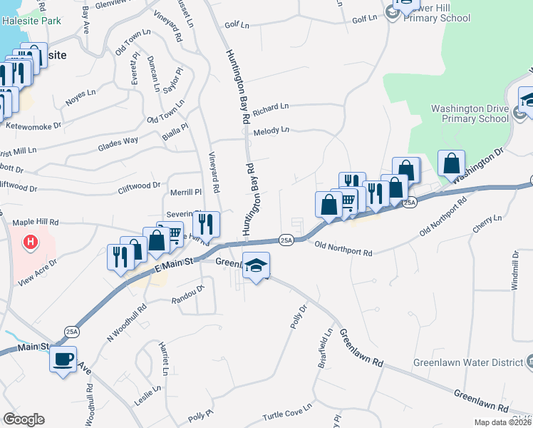 map of restaurants, bars, coffee shops, grocery stores, and more near 4 Hale Court in Huntington