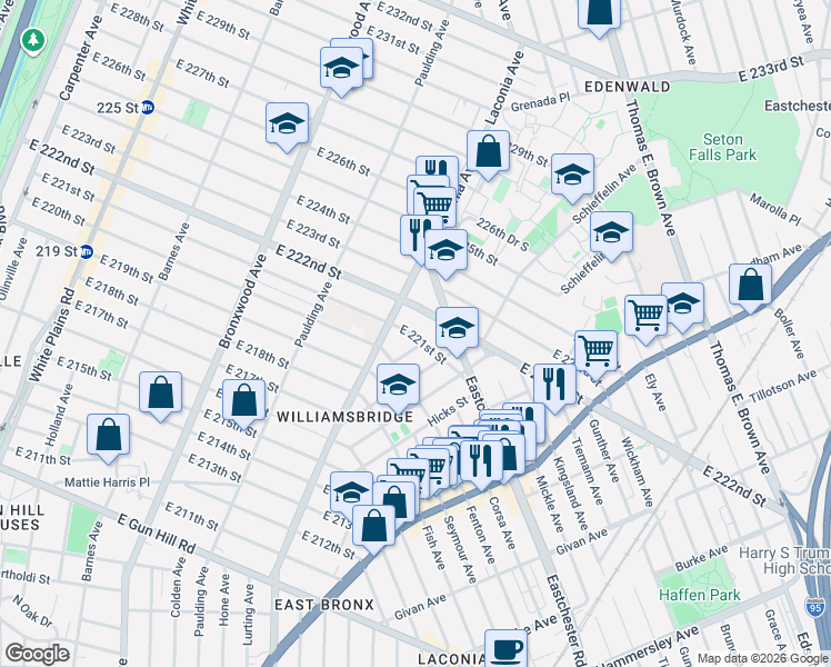 map of restaurants, bars, coffee shops, grocery stores, and more near 1141 East 221st Street in Bronx