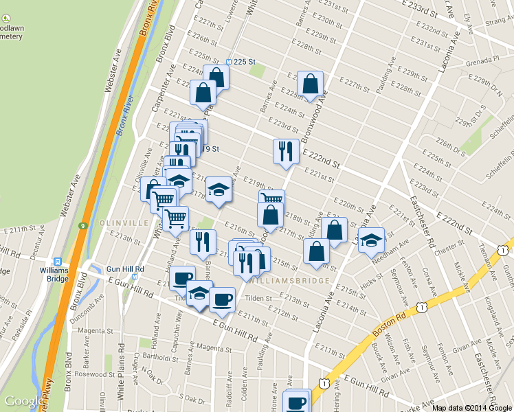 map of restaurants, bars, coffee shops, grocery stores, and more near 854 East 218th Street in The Bronx