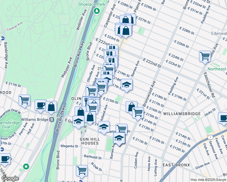 map of restaurants, bars, coffee shops, grocery stores, and more near 722 East 216th Street in Bronx