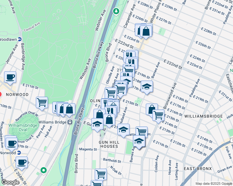 map of restaurants, bars, coffee shops, grocery stores, and more near 3677 White Plains Road in Bronx