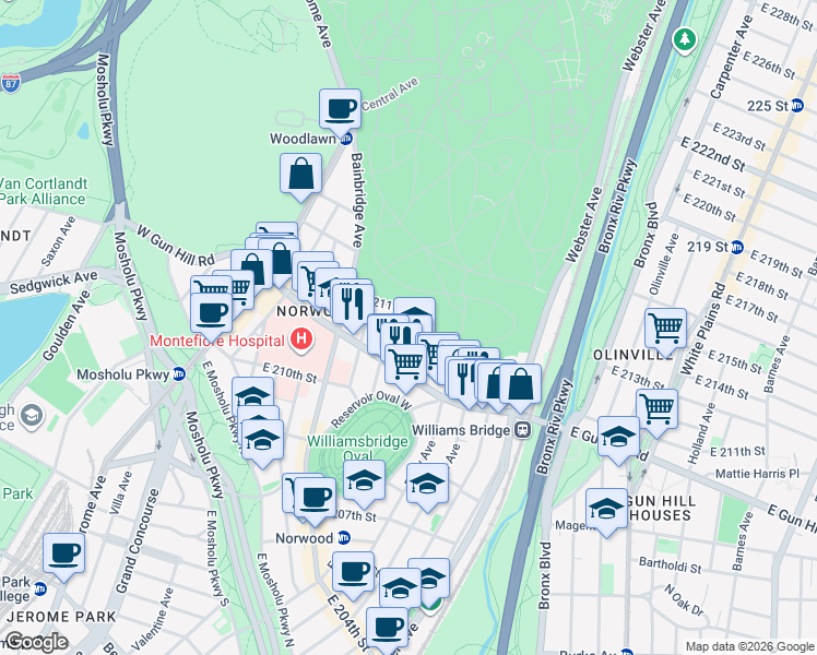 map of restaurants, bars, coffee shops, grocery stores, and more near 3530 Kings College Place in Bronx