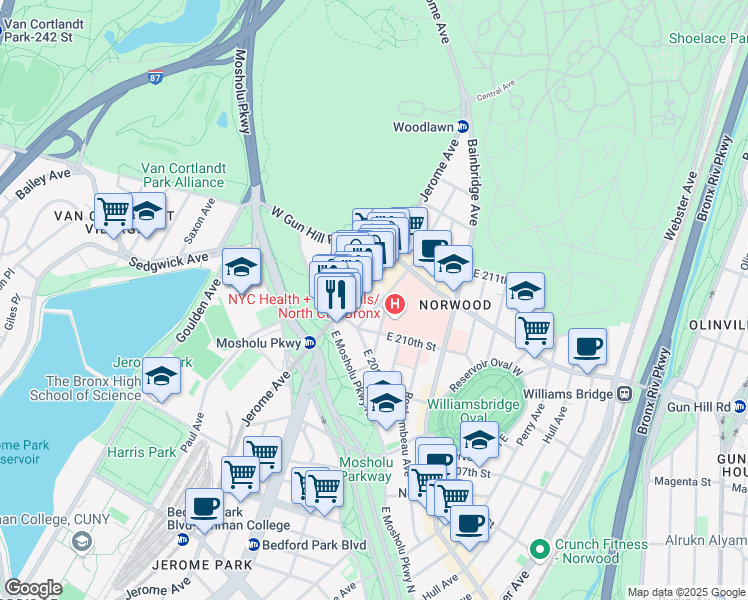 map of restaurants, bars, coffee shops, grocery stores, and more near 3421 Dekalb Avenue in Bronx