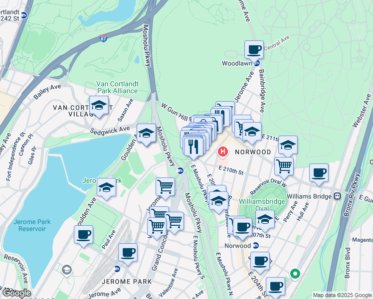map of restaurants, bars, coffee shops, grocery stores, and more near 444 Jerome Avenue in The Bronx