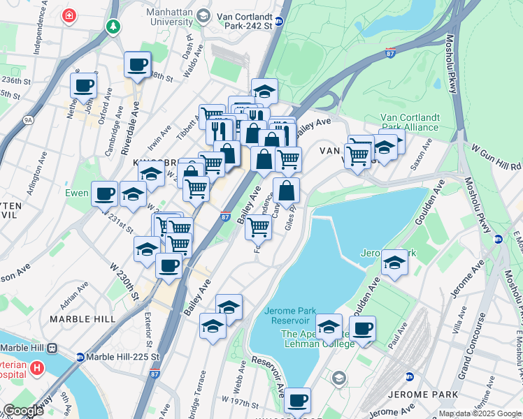 map of restaurants, bars, coffee shops, grocery stores, and more near 3400 Fort Independence Street in Bronx