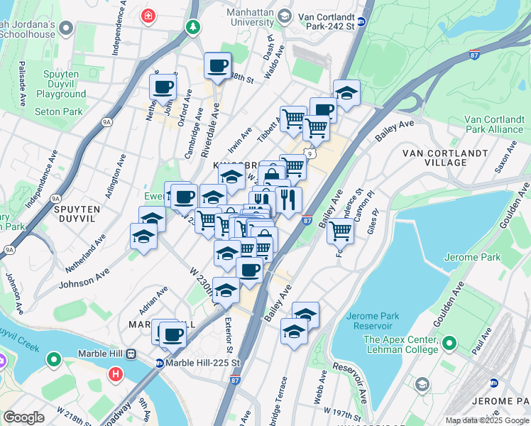 map of restaurants, bars, coffee shops, grocery stores, and more near 5665 Broadway in The Bronx
