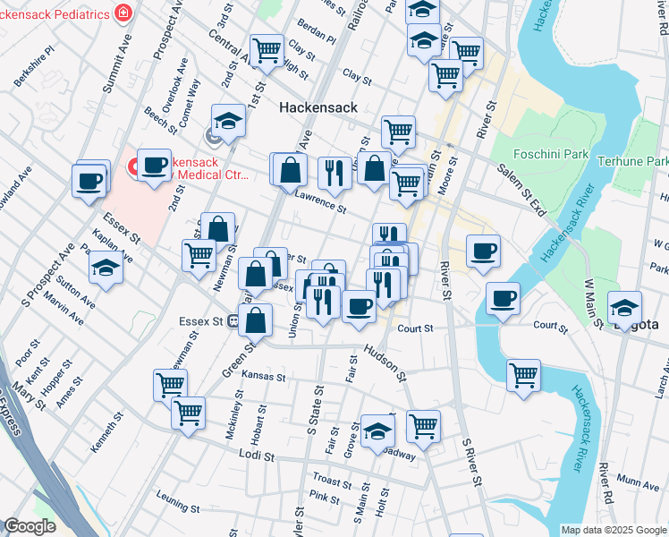 map of restaurants, bars, coffee shops, grocery stores, and more near 77 Myer Street in Hackensack
