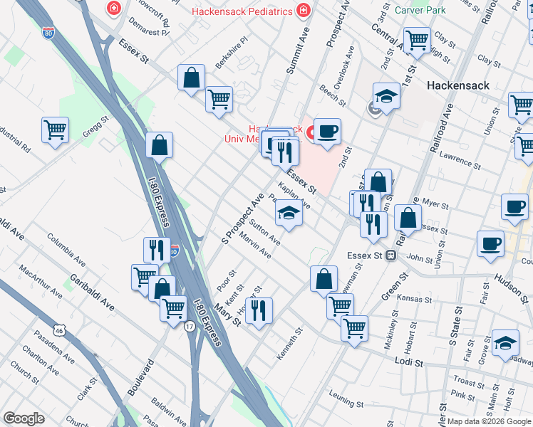 map of restaurants, bars, coffee shops, grocery stores, and more near 329 Simons Avenue in Hackensack