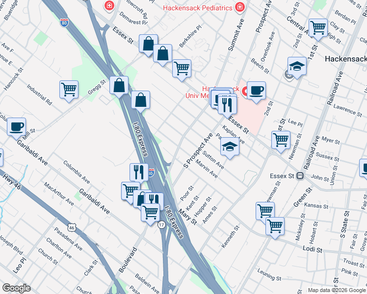 map of restaurants, bars, coffee shops, grocery stores, and more near 107 South Summit Avenue in Hackensack