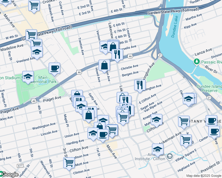 map of restaurants, bars, coffee shops, grocery stores, and more near 234 Hamilton Avenue in Clifton