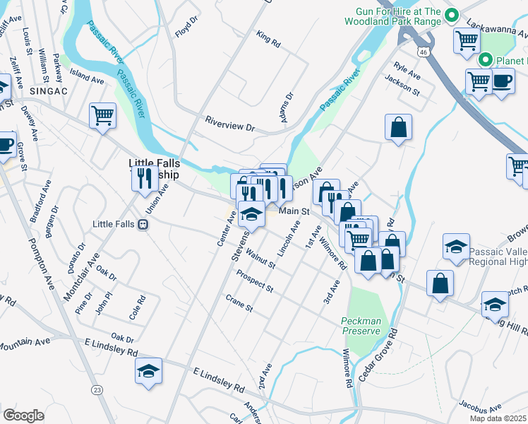 map of restaurants, bars, coffee shops, grocery stores, and more near 71 Main Street in Little Falls
