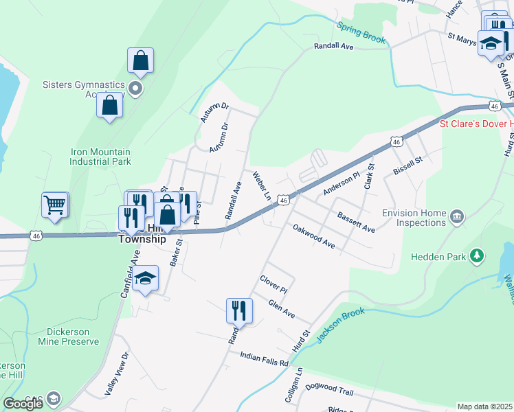 map of restaurants, bars, coffee shops, grocery stores, and more near 181 U.S. 46 in Mine Hill Township