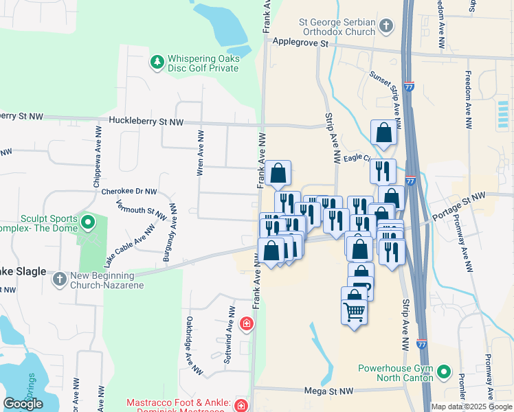 map of restaurants, bars, coffee shops, grocery stores, and more near 6911 Frank Avenue Northwest in North Canton