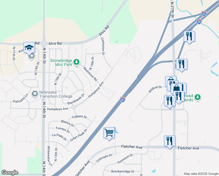 map of restaurants, bars, coffee shops, grocery stores, and more near 1961 West Shane Drive in Lincoln