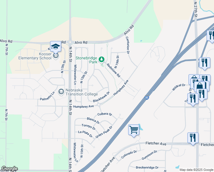 map of restaurants, bars, coffee shops, grocery stores, and more near 6900 North Grand Lake Drive in Lincoln