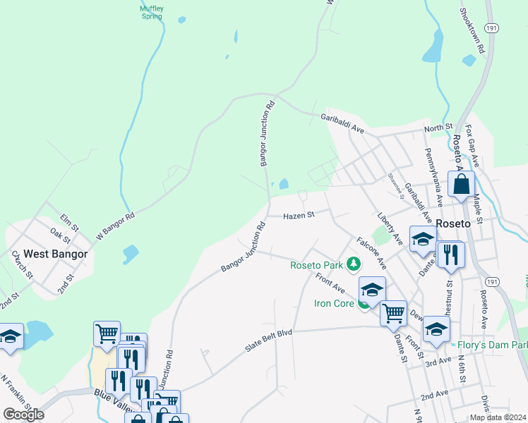 map of restaurants, bars, coffee shops, grocery stores, and more near 454 Bangor Junction Road in Bangor