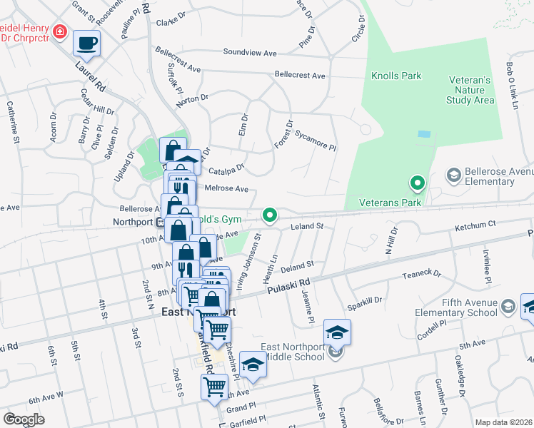 map of restaurants, bars, coffee shops, grocery stores, and more near 218 Bellerose Avenue in East Northport