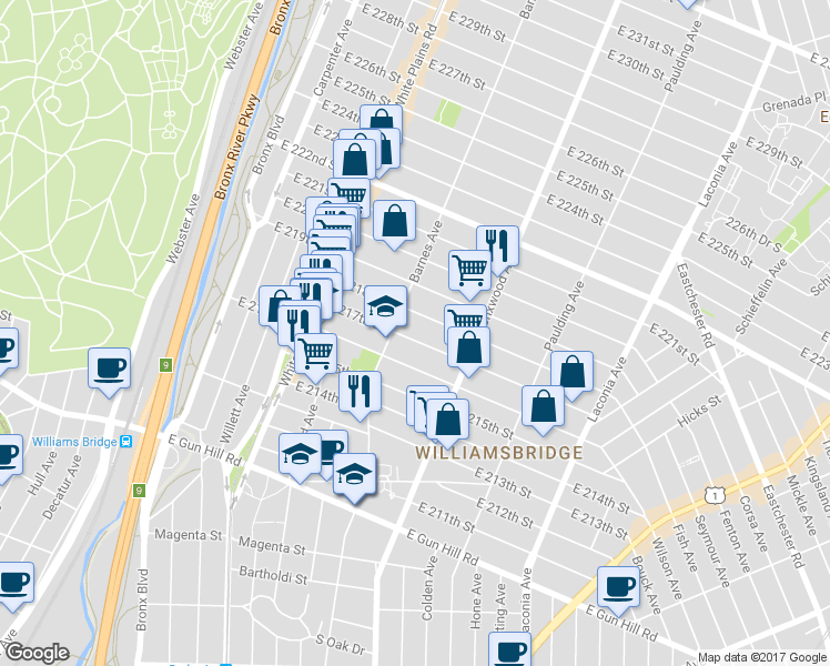 map of restaurants, bars, coffee shops, grocery stores, and more near 819 East 217th Street in Bronx