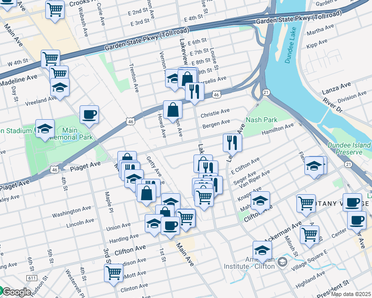 map of restaurants, bars, coffee shops, grocery stores, and more near 224 Hamilton Avenue in Clifton