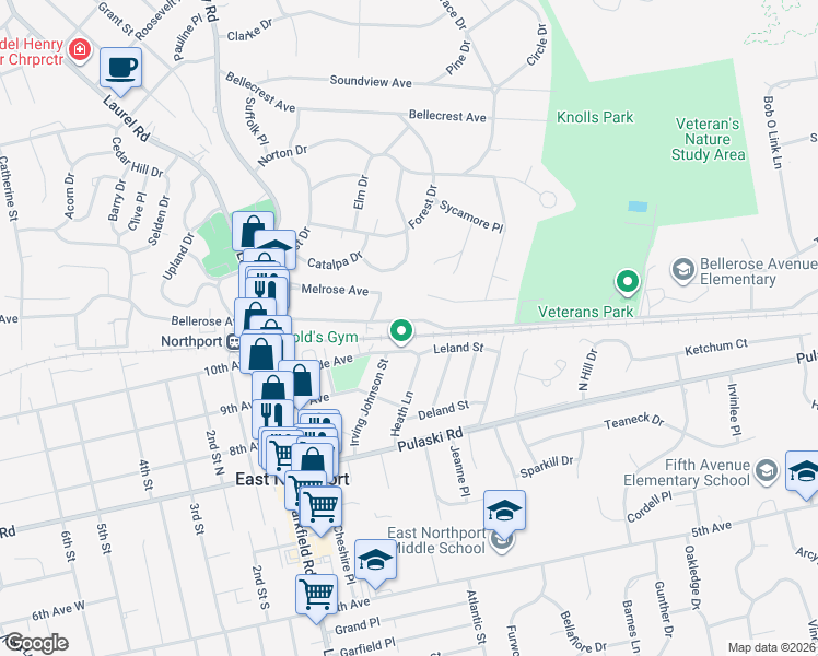 map of restaurants, bars, coffee shops, grocery stores, and more near 218 Bellerose Avenue in East Northport