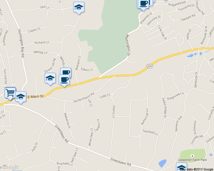 map of restaurants, bars, coffee shops, grocery stores, and more near 84 Old Northport Road in Huntington
