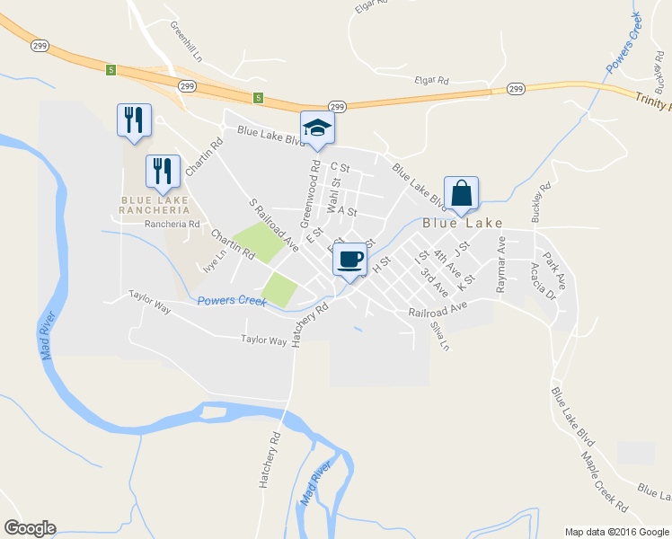 map of restaurants, bars, coffee shops, grocery stores, and more near 341 Railroad Avenue in Blue Lake