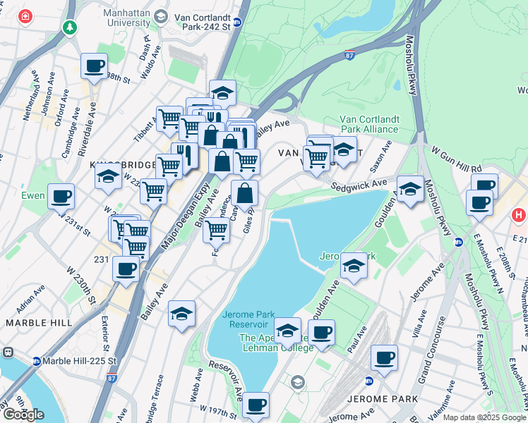 map of restaurants, bars, coffee shops, grocery stores, and more near Sedgwick Ave & Giles Pl in Bronx