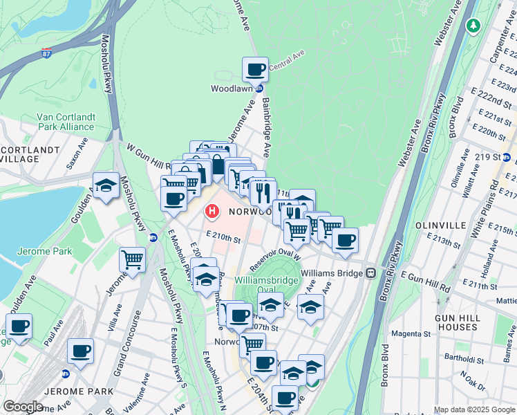 map of restaurants, bars, coffee shops, grocery stores, and more near in The Bronx