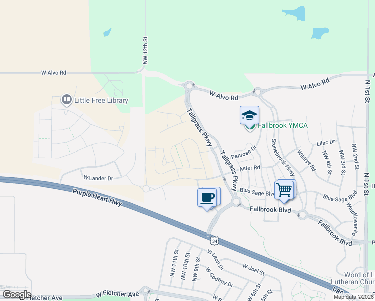 map of restaurants, bars, coffee shops, grocery stores, and more near Penrose Drive in Lincoln