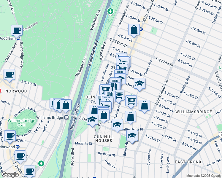 map of restaurants, bars, coffee shops, grocery stores, and more near 3677 White Plains Road in Bronx