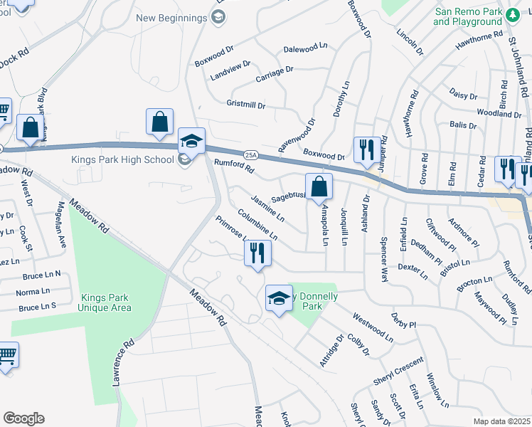map of restaurants, bars, coffee shops, grocery stores, and more near 17 Jasmine Lane in Kings Park