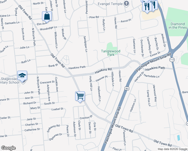 map of restaurants, bars, coffee shops, grocery stores, and more near 662 Hawkins Road East in Coram