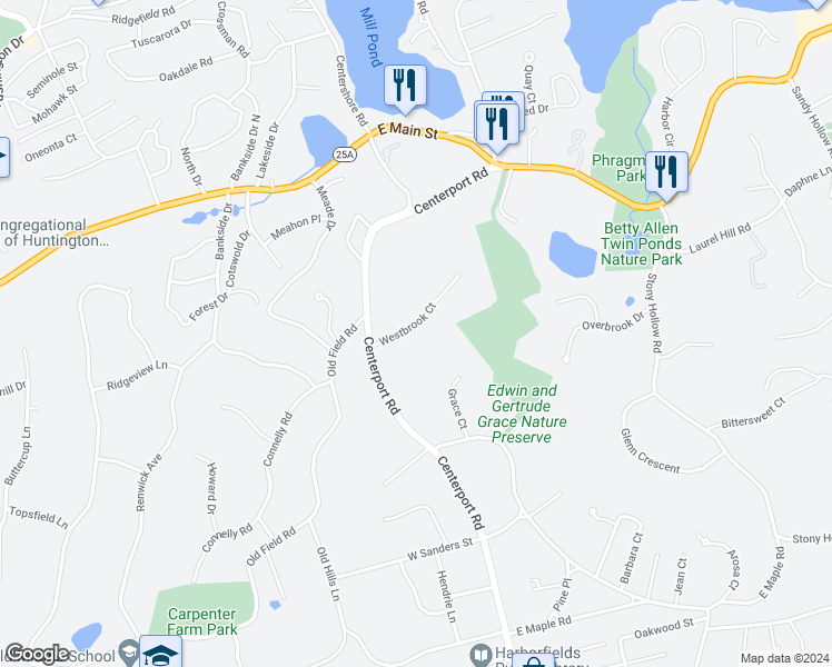 map of restaurants, bars, coffee shops, grocery stores, and more near 10 Westbrook Court in Greenlawn