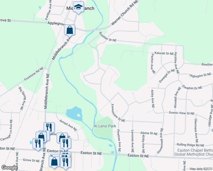 map of restaurants, bars, coffee shops, grocery stores, and more near 2905 Forestview St NE in North Canton