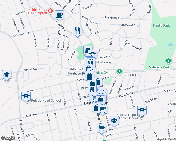 map of restaurants, bars, coffee shops, grocery stores, and more near 19 Laurel Road in East Northport