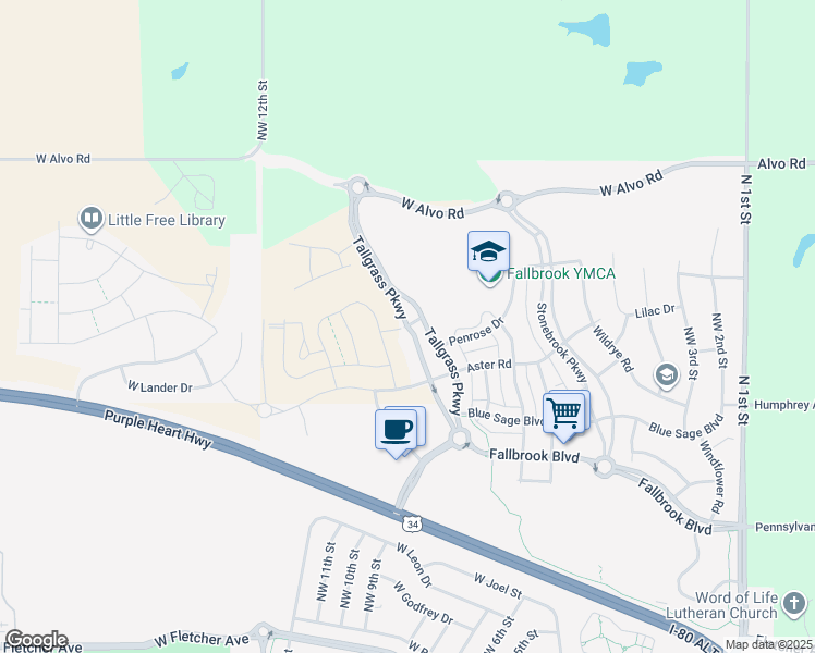 map of restaurants, bars, coffee shops, grocery stores, and more near Penrose Drive in Lincoln
