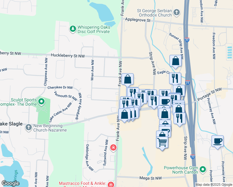 map of restaurants, bars, coffee shops, grocery stores, and more near 6911 Frank Avenue Northwest in North Canton