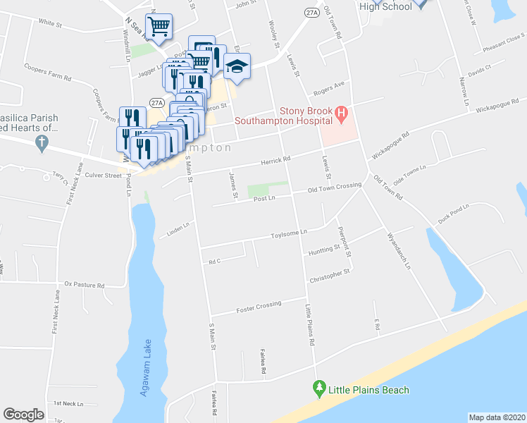 map of restaurants, bars, coffee shops, grocery stores, and more near 117 Toylsome Lane in Southampton