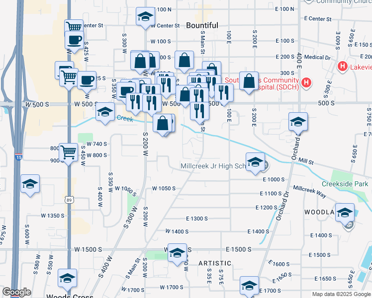 map of restaurants, bars, coffee shops, grocery stores, and more near 650 South Main Street in Bountiful