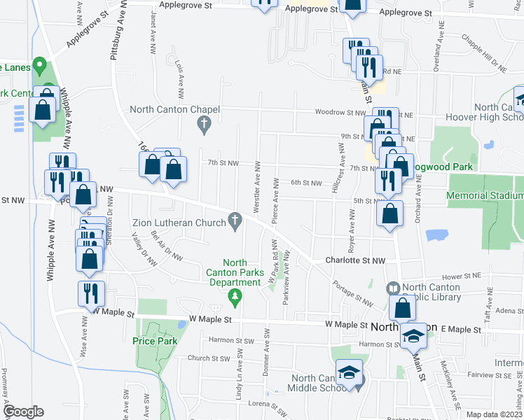 map of restaurants, bars, coffee shops, grocery stores, and more near 907 Portage Street Northwest in North Canton