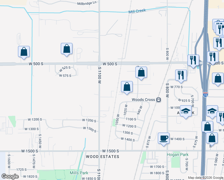 map of restaurants, bars, coffee shops, grocery stores, and more near 1059 West Audrey Lane in Woods Cross