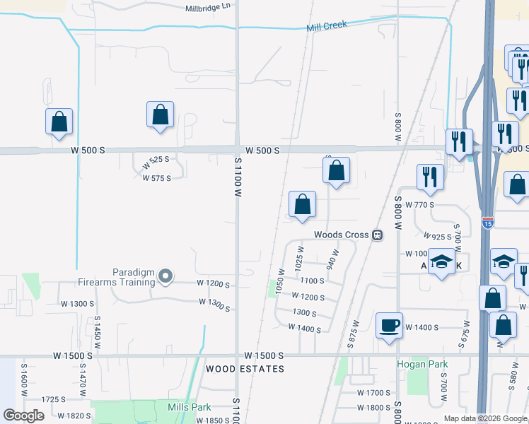 map of restaurants, bars, coffee shops, grocery stores, and more near 1063 West Audrey Lane in Woods Cross