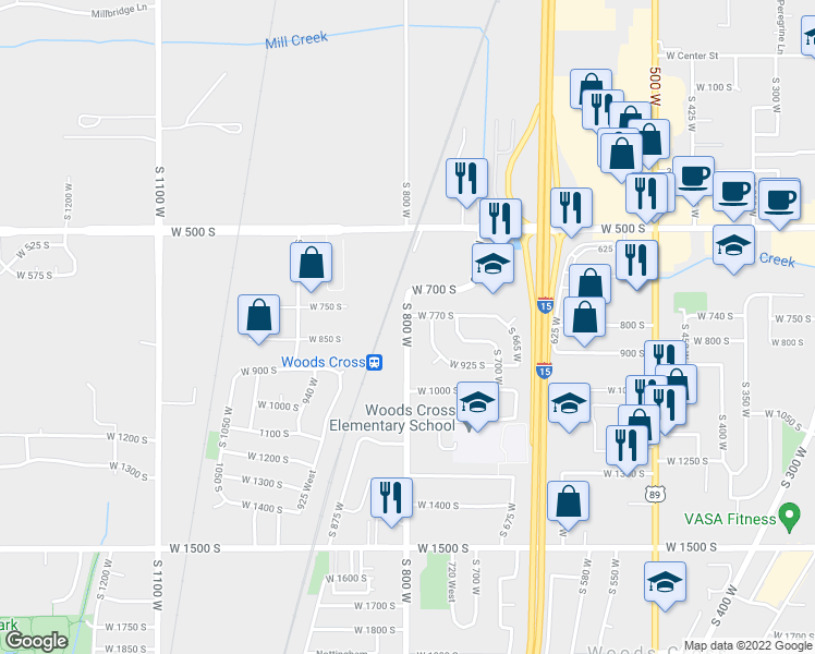 map of restaurants, bars, coffee shops, grocery stores, and more near 800 South 800 West in Woods Cross