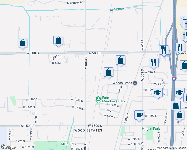map of restaurants, bars, coffee shops, grocery stores, and more near 1071 West Audrey Lane in Woods Cross